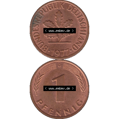 BRD Münzen in PNG 1950-2001, 1 Pfennig der BRD Deutschland 1977, 1970er Jahre Mzz. München D-01. Hier befindet sich eine PNG-Grafik einer 1 Pfennig Münze BRD mit... Sammlung