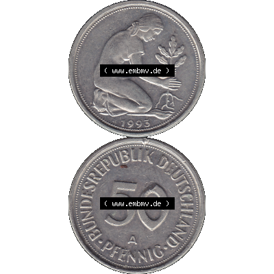 BRD Münzen 50 Pf. Umlaufmünze in PNG 1990-2001, 50 Pfennig BRD Deutschland 1993 Mzz. Berlin A-1. Transparente Vorderseite und Rückseite der Münze vertikal... Sammlung