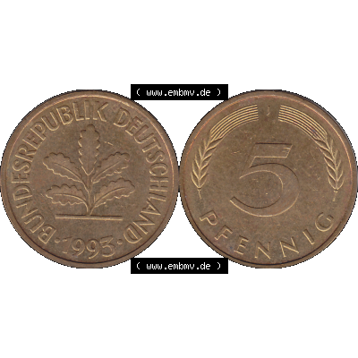 BRD Münzen 5 Pf., Umlaufmünze 1950-2001, 5 Pfennig, 1993 J-01. PNG Computer-Grafik einer digitalisierten 5 Pfennig Münze aus den BRD Jahren, Vorderseite... Sammlung