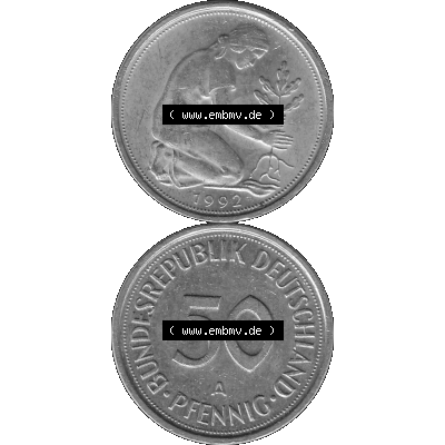 BRD Münzen Deutschland A 50 Pf. Umlaufmünze in Graustufen PNG 1990-2001, 50 Pfennig 1992 Münzzeichen "A" für Berlin - "A"-01 Graustufen. PNG... Sammlung