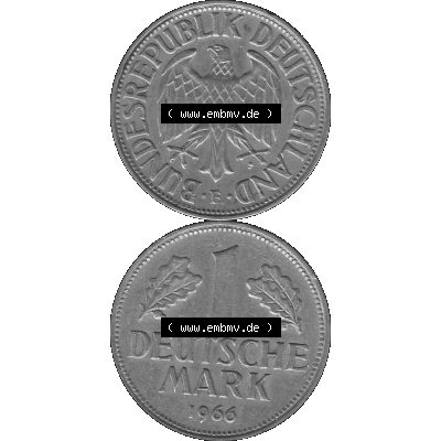 BRD Deutschland Münzen 1 / Eine DM / Eine Deutsche Mark in Graustufen PNG 1950-2001, 1 DM Deutsche Mark, 1966 Münzzeichen F für Stuttgart - F-01 Graustufen. PNG... Sammlung