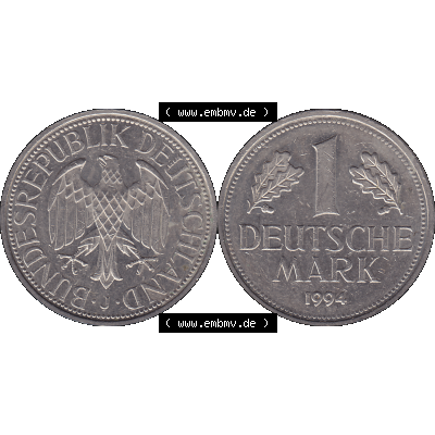 BRD Münzen 1 DM, Umlaufmünze 1950-2001, BRD Deutschland 1 / Eine DM - 1 Eine Deutsche Mark, 1994 Münzzeichen Hamburg Mzz J-1. Münzen-Rückseite und... Sammlung