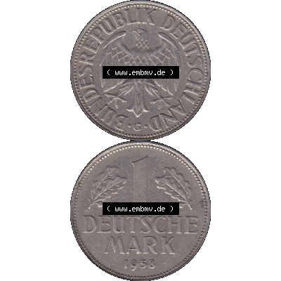 BRD Münzen 1 DM, Umlaufmünze 1950-2001, 1 / Eine DM - Eine Deutsche Mark, 1958 G-1. transparente PNG-Grafik der Münzen-Rückseite und Münzen-Vorderseite... Sammlung