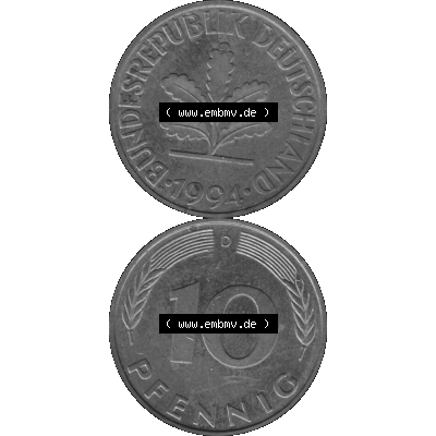 BRD Münzen 10 Pf. Umlaufmünze in PNG 1950-2001, 10 Pfennig 1994 D-03 Graustufen. Graustufen-Bild erstellt aus Farbigen Bild mit Vorderseite und Rückseite auf einen Bild... Sammlung