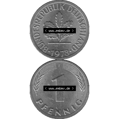 BRD Münzen 1 Pfennig Umlaufmünze in Graustufen PNG 1950-2001, 1 Pfennig 1978, 1970er Jahre Mzz. F-01. Graues-Bild 1 Pfennig F aus farbigen Bild erstellt mit Vorderseite... Sammlung