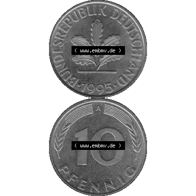 BRD Münzen 10 Pf. Umlaufmünze in PNG 1990-2001, 10 Pfennig 1995 A-01 Graustufen. Graustufen-Bilder mit Vorderseite und Rückseite auf einen Bild / Foto vertikal untereinander... Sammlung