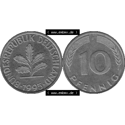 BRD Münzen 10 Pf. Umlaufmünze in PNG 1950-2001, 10 Pfennig 1995 F-02 Graustufen. Graustufen-Bild aus Farbigen Bilder mit Vorderseite und Rückseite mit Wert-Zahl auf einen... Sammlung