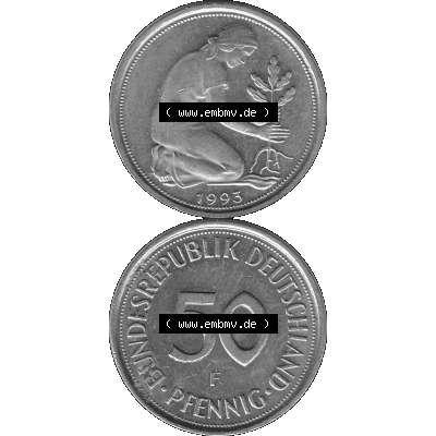 BRD Münzen Deutschland F 50 Pf. Umlaufmünze in Graustufen PNG 1950-2001, 50 Pfennig 1993 Münzzeichen "F" für Stuttgart - "F"-01 Graustufen. PNG... Sammlung