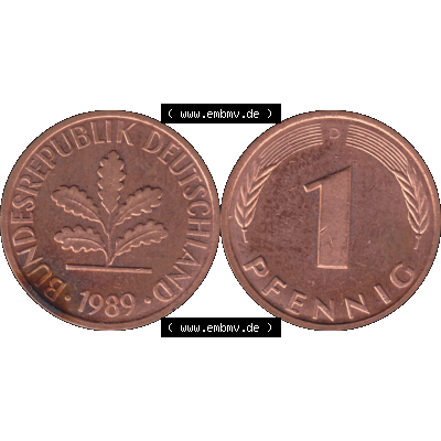 BRD Münzen in PNG 1950-2001, 1 Pfennig der BRD Deutschland 1989, 1980er Jahre Münzzeichen München D-01. Die PNG-Grafik zeigt eine 1 Pfennig Münze der Bundesrepublik... Sammlung
