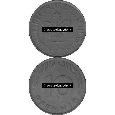 BRD Münzen 10 Pf. Umlaufmünze in PNG 1950-2001, 10 Pfennig 1980 G-01 Graustufen. Graustufen PNG-Bild, erstellt aus farbigen Vorlagen-Bild mit Vorderseite und Rückseite... Sammlung