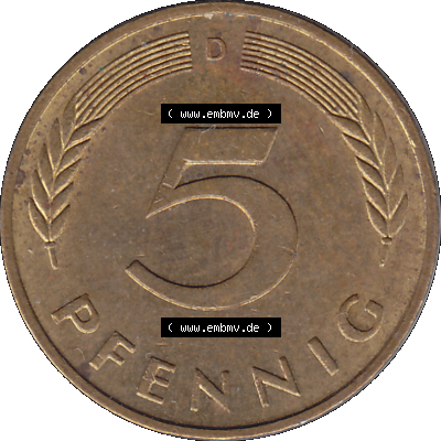 BRD Münzen 5 Pf., Umlaufmünze 1950-2001, 5 Pfennig Deutschland der BRD, 1983 Münzstätte München Mzz. D-01. Rückseite mit Wert-Zahl der... Sammlung