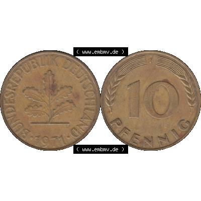 BRD Münzen 10 Pf. Umlaufmünze in PNG 1950-2001, 10 Pfennig 1971 F-05. Vorderseite und Rückseite mit Wert-Zahl auf einen Bild / Foto der digitalisierten 10 Pfennig... Sammlung