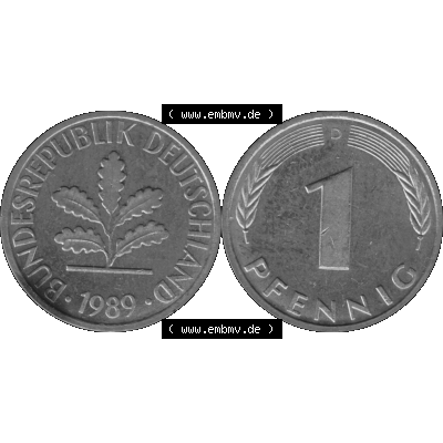 BRD Münzen 1 Pfennig Umlaufmünze in Graustufen PNG 1950-2001, 1 Pfennig 1989 München D-01. Graustufen-Bilder der Vorderseite und Rückseite mit Wert-Zahl auf einen Bild... Sammlung