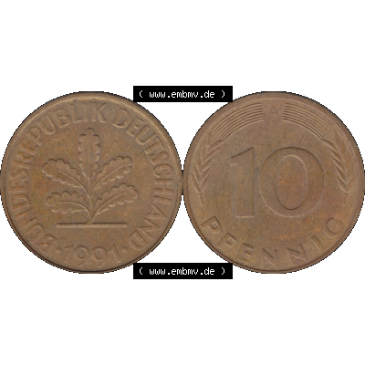 BRD Münzen 10 Pf. Umlaufmünze in PNG 1990-2001, 10 Pfennig 1991 A-04. Vorderseite und Rückseite mit Wert-Zahl auf einen Bild / Foto der digitalisierten 10 Pfennig... Sammlung
