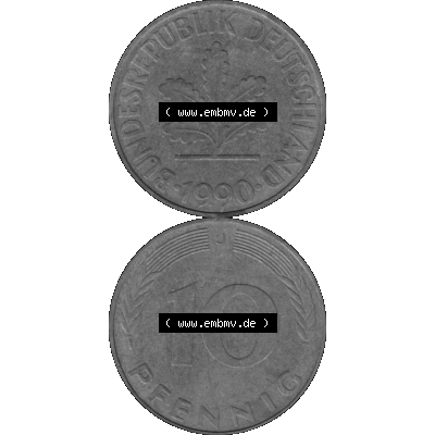 BRD Münzen 10 Pf. Umlaufmünze in PNG 1950-2001, 10 Pfennig 1990 J-02 Graustufen. PNG-Bild in transparenten Graustufen aus zwei farbigen Bildern vom Scanner mit Vorderseite... Sammlung