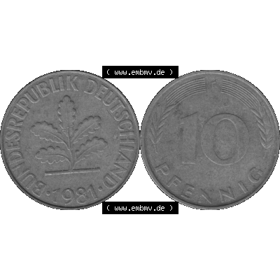 BRD Münzen 10 Pf. Umlaufmünze in PNG 1950-2001, 10 Pfennig 1981 F-01 Graustufen. Graustufen-Bild aus Farbigen Bilder mit Vorderseite und Rückseite mit Wert-Zahl auf einen... Sammlung