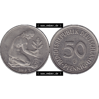 BRD Münzen 50 Pf. Umlaufmünze in PNG 1950-2001, 50 Pfennig 1989 G-01. Vorderseite und Rückseite mit Wert-Zahl auf einen Bild / Foto der digitalisierten 50 Pfennig... Sammlung