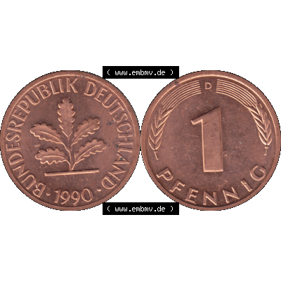 BRD Münzen in PNG 1950-2001, 1 Pfennig der BRD Deutschland 1990, 1990er Jahre Münzzeichen München D-01. Die PNG-Grafik zeigt eine 1 Pfennig Münze der Bundesrepublik... Sammlung