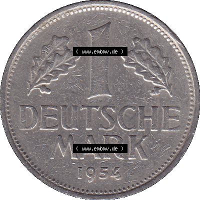 BRD Münzen 1 DM, Umlaufmünze 1950-2001, 1 / Eine DM - Eine Deutsche Mark, 1954 G-1. Münzen-Rückseite als transparente PNG-Grafik mit Nennwert / Nominalwert... Sammlung