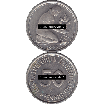 BRD Münzen 50 Pf. Umlaufmünze in PNG 1950-2001, 50 Pfennig BRD Deutschland 1993 Stuttgart F-1. Transparente Vorderseite und Rückseite der Münze vertikal untereinander... Sammlung