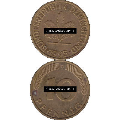 BRD Münzen 10 Pf. Umlaufmünze in PNG 1950-2001, 10 Pfennig 1995 D-12. Vorderseite und Rückseite auf einen Bild / Foto vertikal untereinander zusammengefügt,... Sammlung