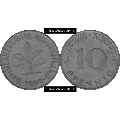 BRD Münzen 10 Pf. Umlaufmünze in PNG 1950-2001, 10 Pfennig 1969 F-01 Graustufen. Graustufen-Bild aus Farbigen Bilder mit Vorderseite und Rückseite mit Wert-Zahl auf einen... Sammlung