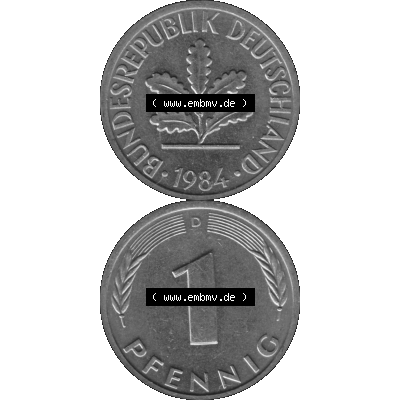 BRD Münzen 1 Pfennig Umlaufmünze in Graustufen PNG 1950-2001, 1 Pfennig 1984 München D-01. Graustufen-Bild erstellt aus Farbigen Bild mit Vorderseite und Rückseite auf... Sammlung