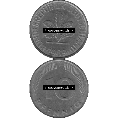 BRD Münzen 10 Pf. Umlaufmünze in PNG 1950-2001, 10 Pfennig 1989 F-01 Graustufen. Graues-Bild aus farbigen Bild erstellt mit Vorderseite und Rückseite auf einen Bild /... Sammlung