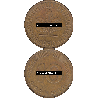 BRD Münzen 10 Pf. Umlaufmünze in PNG 1950-2001, 10 Pfennig der Bundesrepublik Deutschland 1990 Münzstätte Hamburg Mzz. J-01. Vorderseite und Rückseite... Sammlung