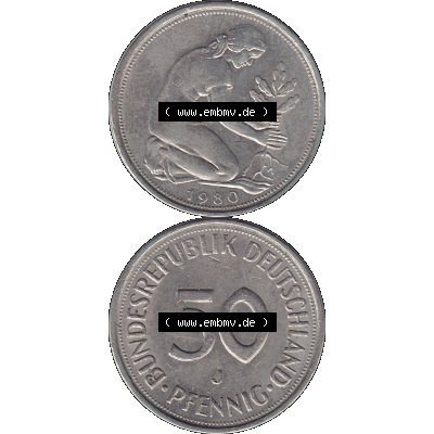 BRD Münzen 50 Pf. Umlaufmünze in PNG 1950-2001, 50 Pfennig BRD Deutschland 1980 "J"-01. PNG Computer-Grafik einer digitalisierten 50 Pfennig / Fünfzig Pfennige... Sammlung