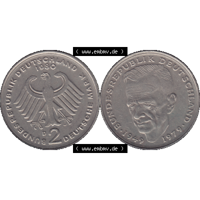 BRD Münzen 2 DM, Gedenkmünze 1979-1993, Münzenbild in transparenten PNG 2 DM, Deutsche Mark Kurt Schumacher aus Deutschland der BRD 1980 Münzzeichen Mzz. München... Sammlung
