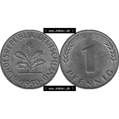 BRD Münzen 1 Pfennig Umlaufmünze in Graustufen PNG 1950-2001, 1 Pfennig 1950 München D-01. Graustufen-Bilder der Vorderseite und Rückseite mit Wert-Zahl auf einen Bild... Sammlung