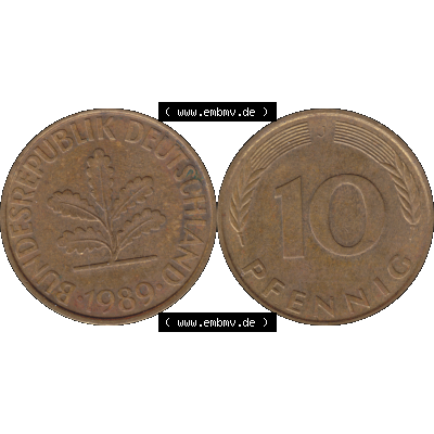 BRD Münzen 10 Pf. Umlaufmünze in PNG 1950-2001, 10 Pfennig der Bundesrepublik Deutschland 1989 Münzstätte Hamburg Mzz. J-01. Vorderseite und Rückseite... Sammlung