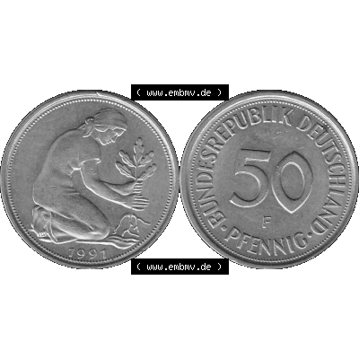 BRD Münzen Deutschland F 50 Pf. Umlaufmünze in Graustufen PNG 1950-2001, 50 Pfennig 1991 Münzzeichen "F" für Stuttgart - "F"-01 Graustufen. PNG... Sammlung