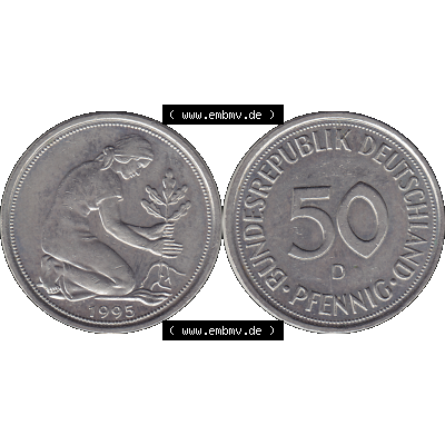 BRD Münzen 50 Pf. Umlaufmünze in PNG 1950-2001, 50 Pfennig BRD Deutschland 1995 München D-1. Transparente Vorderseite und Rückseite als PNG-Grafik mit Wert-Zahl... Sammlung