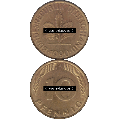BRD Münzen 10 Pf. Umlaufmünze in PNG 1990-2001, 10 Pfennig 1990 A-01. Vorderseite und Rückseite auf einen Bild / Foto vertikal untereinander zusammengefügt,... Sammlung