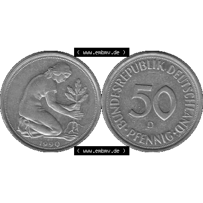 BRD Münzen Deutschland D 50 Pf. Umlaufmünze in Graustufen PNG 1950-2001, 50 Pfennig 1990 Münzzeichen "D" für München - "D"-01 Graustufen.... Sammlung