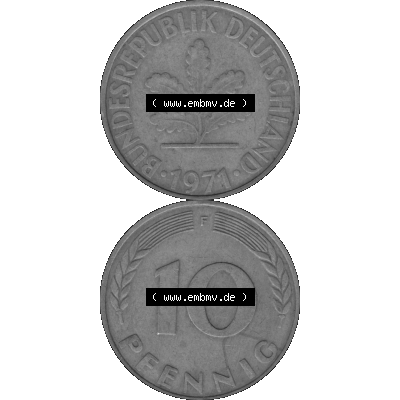 BRD Münzen 10 Pf. Umlaufmünze in PNG 1950-2001, 10 Pfennig 1971 F-01 Graustufen. Graues-Bild aus farbigen Bild erstellt mit Vorderseite und Rückseite auf einen Bild /... Sammlung