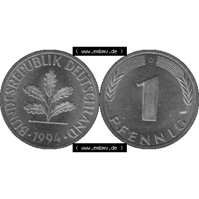 BRD Münzen 1 Pfennig Umlaufmünze in Graustufen PNG 1950-2001, 1 Pfennig 1994 München D-01. Graustufen-Bilder der Vorderseite und Rückseite mit Wert-Zahl auf einen Bild... Sammlung
