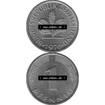 BRD Münzen 1 Pfennig BRD-Deutschland Umlaufmünze in Graustufen PNG 1950-2001, 1 Pfennig 1976, 1970er Jahre Münzstätte Karlsruhe G-01. Graustufen-Bild erstellt aus... Sammlung