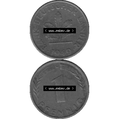 BRD Münzen 1 Pfennig BRD-Deutschland Umlaufmünze in Graustufen PNG 1948-1949, 1 Pfennig 1949, 1950er Jahre Münzstätte Karlsruhe G-01. Graustufen-Bild erstellt aus... Sammlung