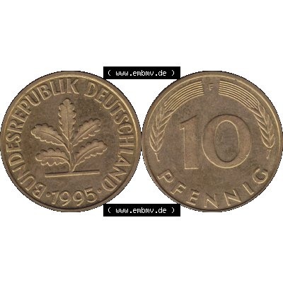 BRD Münzen 10 Pf. Umlaufmünze in PNG 1950-2001, 10 Pfennig 1995 F-02. Vorderseite und Rückseite mit Wert-Zahl auf einen Bild / Foto der digitalisierten 10 Pfennig... Sammlung