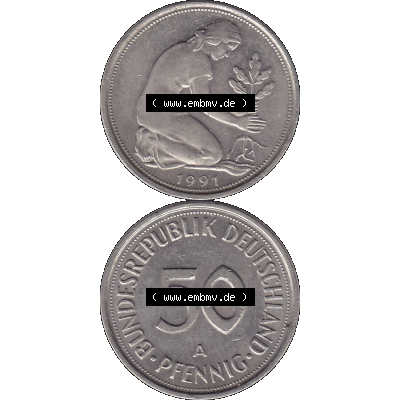 BRD Münzen 50 Pf. Umlaufmünze in PNG 1990-2001, 50 Pfennig BRD Deutschland 1991 Mzz. Berlin A-1. Transparente Vorderseite und Rückseite der Münze vertikal... Sammlung
