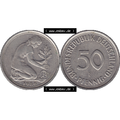 BRD Münzen 50 Pf. Umlaufmünze in PNG 1950-2001, 50 Pfennig 1986 F-01. Vorderseite und Rückseite mit Wert-Zahl auf einen Bild / Foto der digitalisierten 50 Pfennig... Sammlung