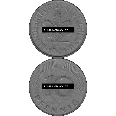 BRD Münzen 10 Pf. Umlaufmünze in PNG 1950-2001, 10 Pfennig 1991 F-05 Graustufen. Graues-Bild aus farbigen Bild erstellt mit Vorderseite und Rückseite auf einen Bild /... Sammlung