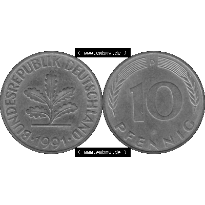 BRD Münzen 10 Pf. Umlaufmünze in PNG 1950-2001, 10 Pfennig 1991 D-03 Graustufen. Graustufen-Bilder der Vorderseite und Rückseite mit Wert-Zahl auf einen Bild / Foto... Sammlung