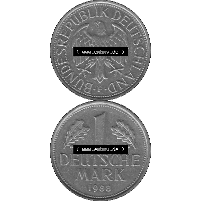 BRD Deutschland Münzen 1 / Eine DM / Eine Deutsche Mark in Graustufen PNG 1950-2001, 1 DM Deutsche Mark, 1988 Münzzeichen F für Stuttgart - F-01 Graustufen. PNG... Sammlung