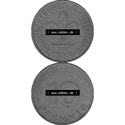 BRD Münzen 10 Pf. Umlaufmünze in PNG 1950-2001, 10 Pfennig 1985 F-01 Graustufen. Graues-Bild aus farbigen Bild erstellt mit Vorderseite und Rückseite auf einen Bild /... Sammlung