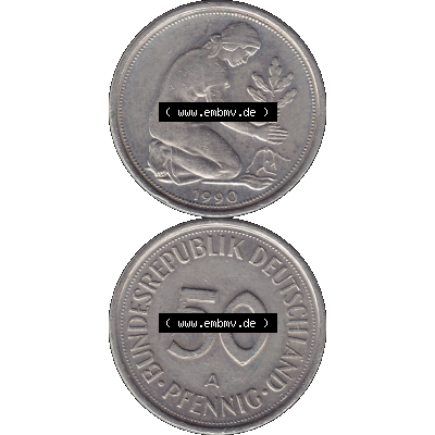 BRD Münzen 50 Pf. Umlaufmünze in PNG 1990-2001, 50 Pfennig BRD Deutschland 1990 Mzz. Berlin A-1. Transparente Vorderseite und Rückseite der Münze vertikal... Sammlung