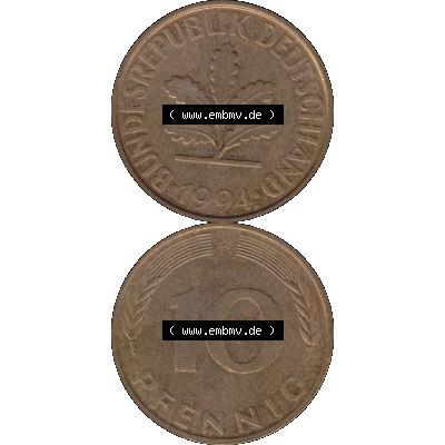 BRD Münzen 10 Pf. Umlaufmünze in PNG 1990-2001, 10 Pfennig 1994 A-01. Vorderseite und Rückseite auf einen Bild / Foto vertikal untereinander zusammengefügt,... Sammlung